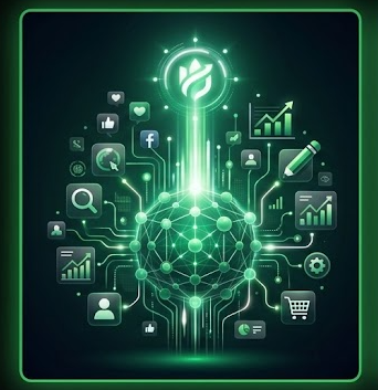 Digital marketing network illustration connecting social media, search and growth icons